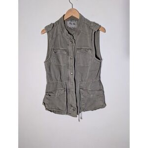 Per Se Olive Green Utility Vest Button Front Drawstring Waist Pockets Women's M